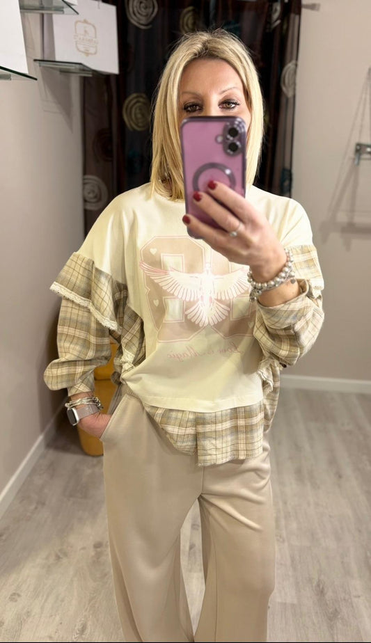 Maglia con stampa e maniche in tessuto camicia