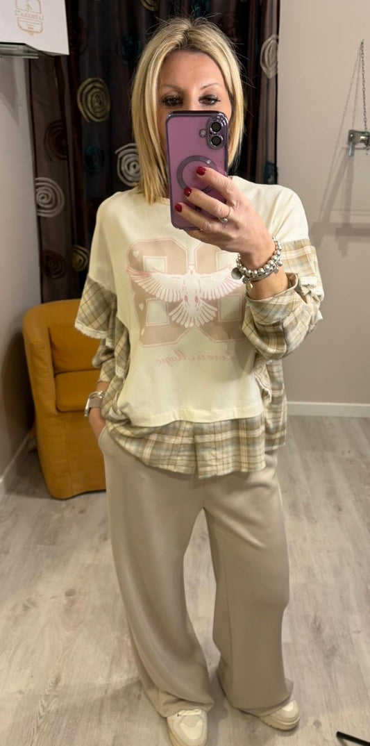 Maglia con stampa e maniche in tessuto camicia