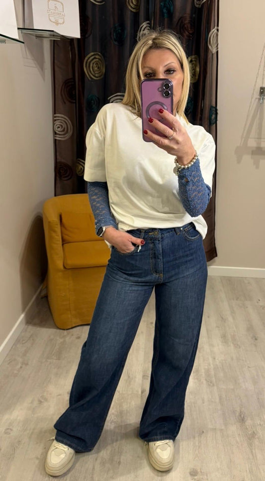 T-shirt con maniche in pizzo